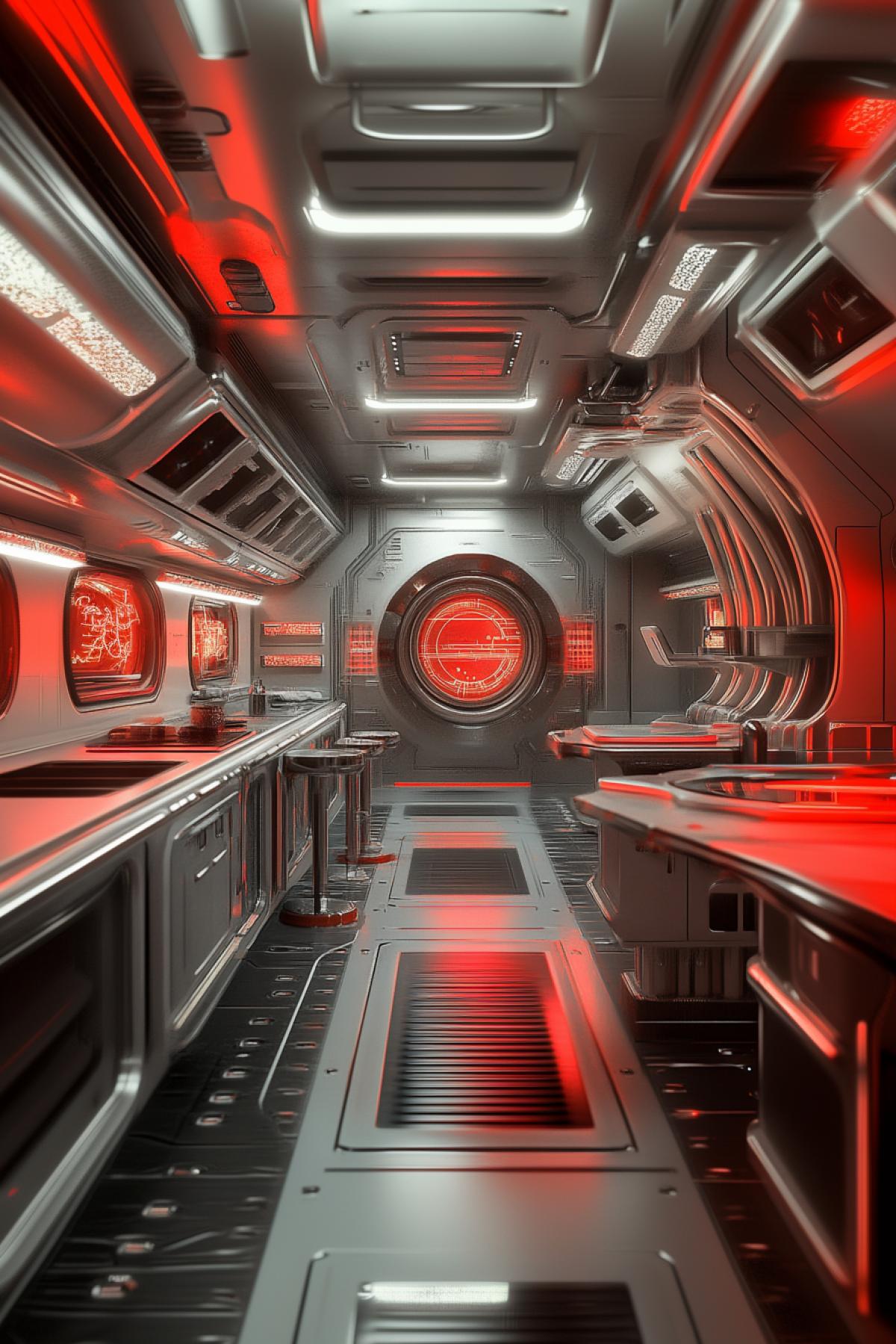 kitchen interior design of a spaceship room, gray-red color, neon, large windows, Illustrations in the style of futuristic architecture, interior design of a spaceship room, gray-red color, neon, large windows, Illustrations in the style of futuristic architecture, psychedelic , flicker, photoshop