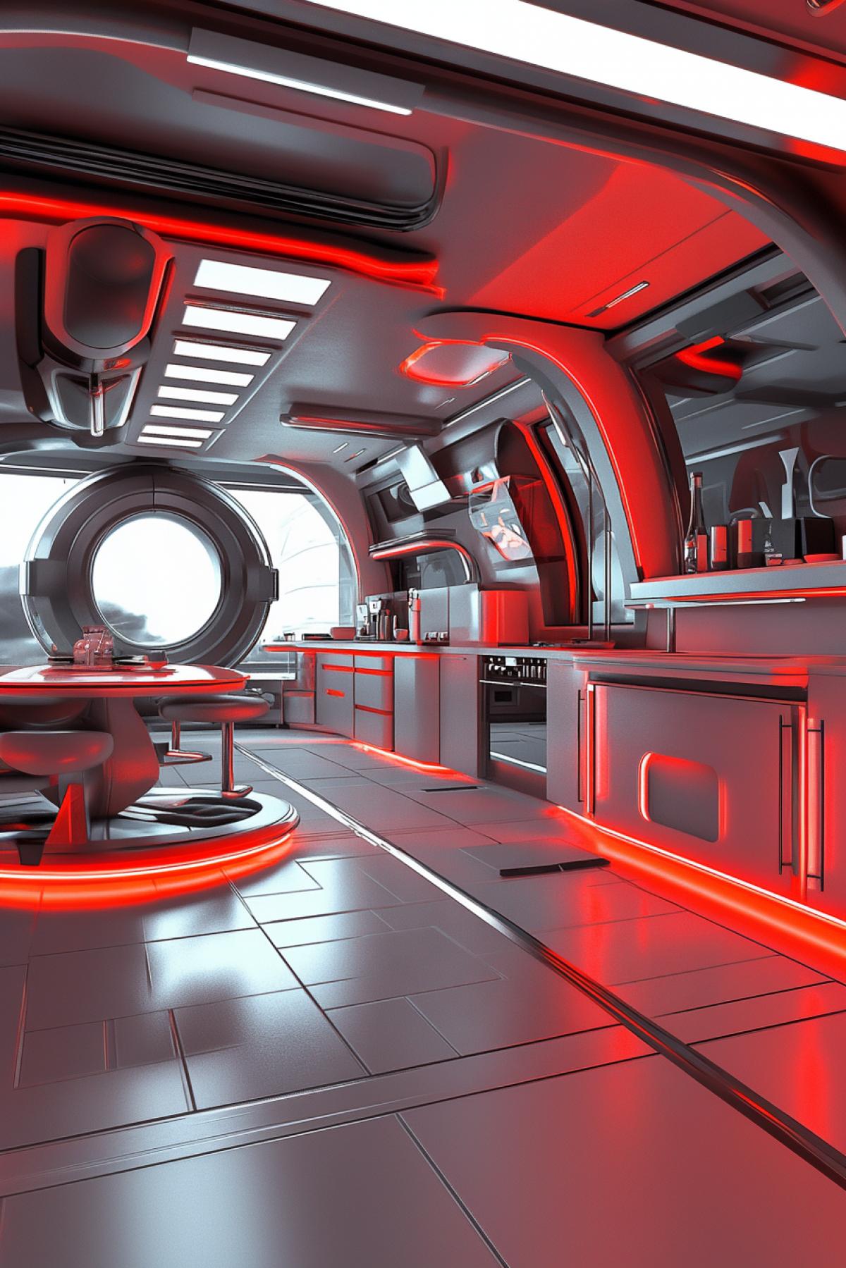 kitchen interior design of a spaceship room, gray-red color, neon, large windows, Illustrations in the style of futuristic architecture, interior design of a spaceship room, gray-red color, neon, large windows, Illustrations in the style of futuristic architecture, psychedelic , flicker, photoshop