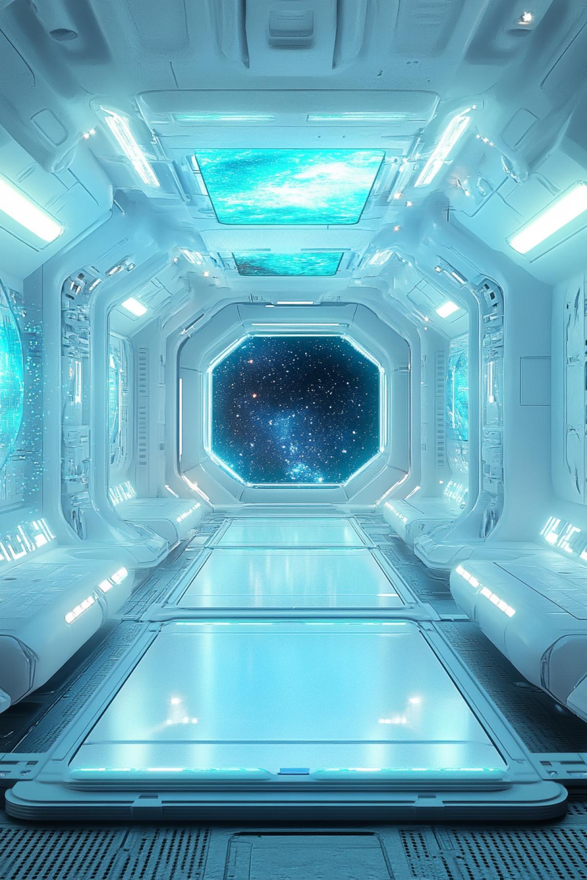 Creative spaceship interior design, large windows, white and turquoise color, neon, flickering, photoshop