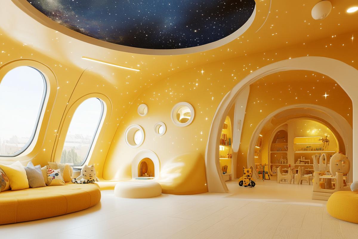 Spaceship interior, childrens play and learning room, light yellow warm interior color, high technology and childrens toys, cosmic starry sky outside the window