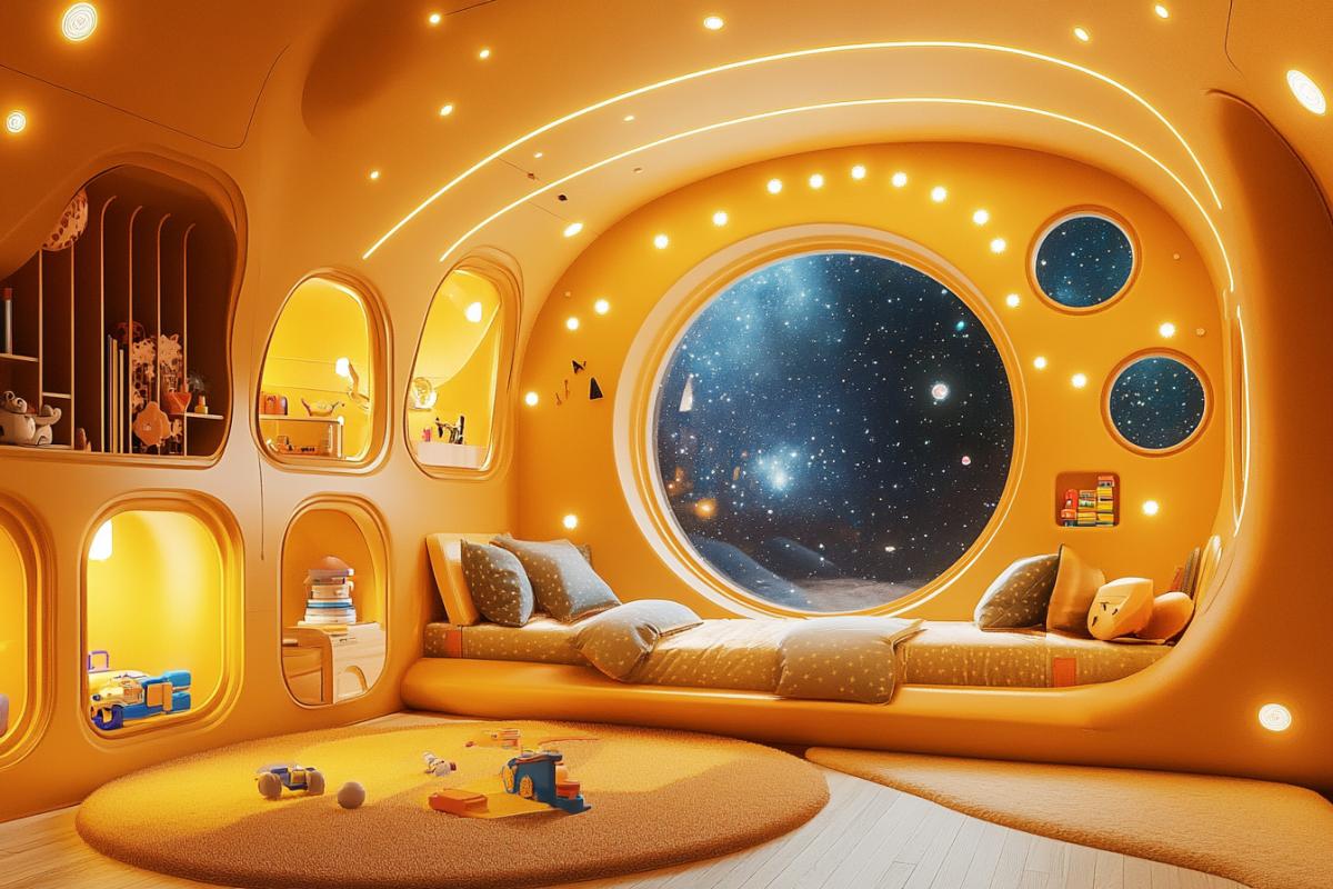 Spaceship interior, childrens play and learning room, light yellow warm interior color, high technology and childrens toys, cosmic starry sky outside the window