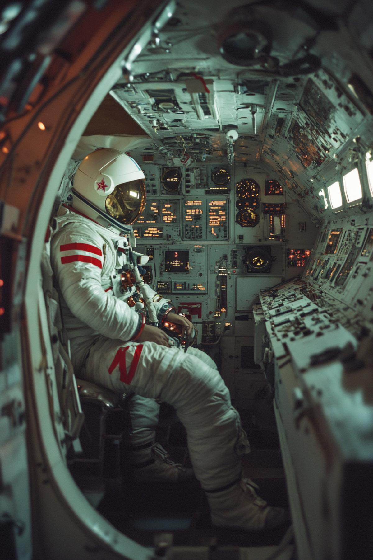 Interior of a space orbital ship of the late 20th century, television footage, interference, low quality signal, cosmonauts wearing overalls with Russian flag chevrons