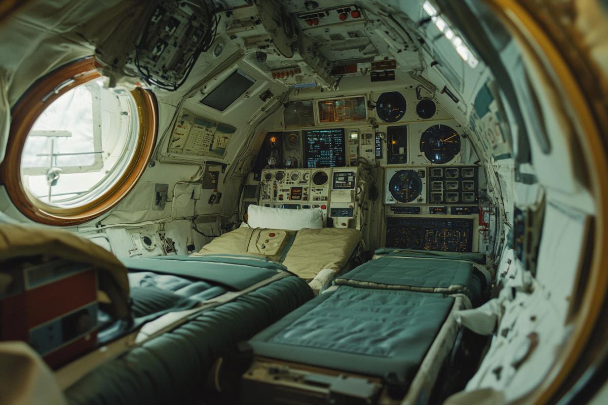 Interior of a space orbital station of the late 20th century, Russian cosmonaut in the frame