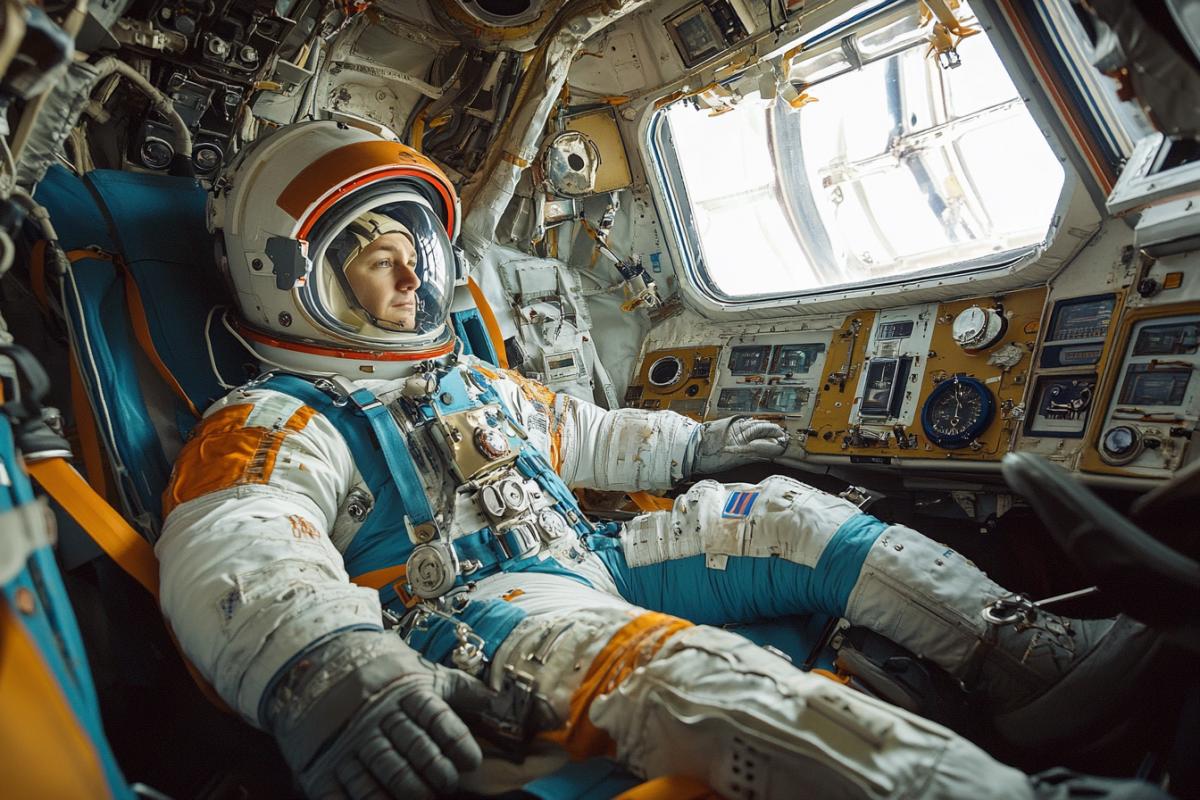 Interior of a space orbital station of the late 20th century, Russian cosmonaut in the frame