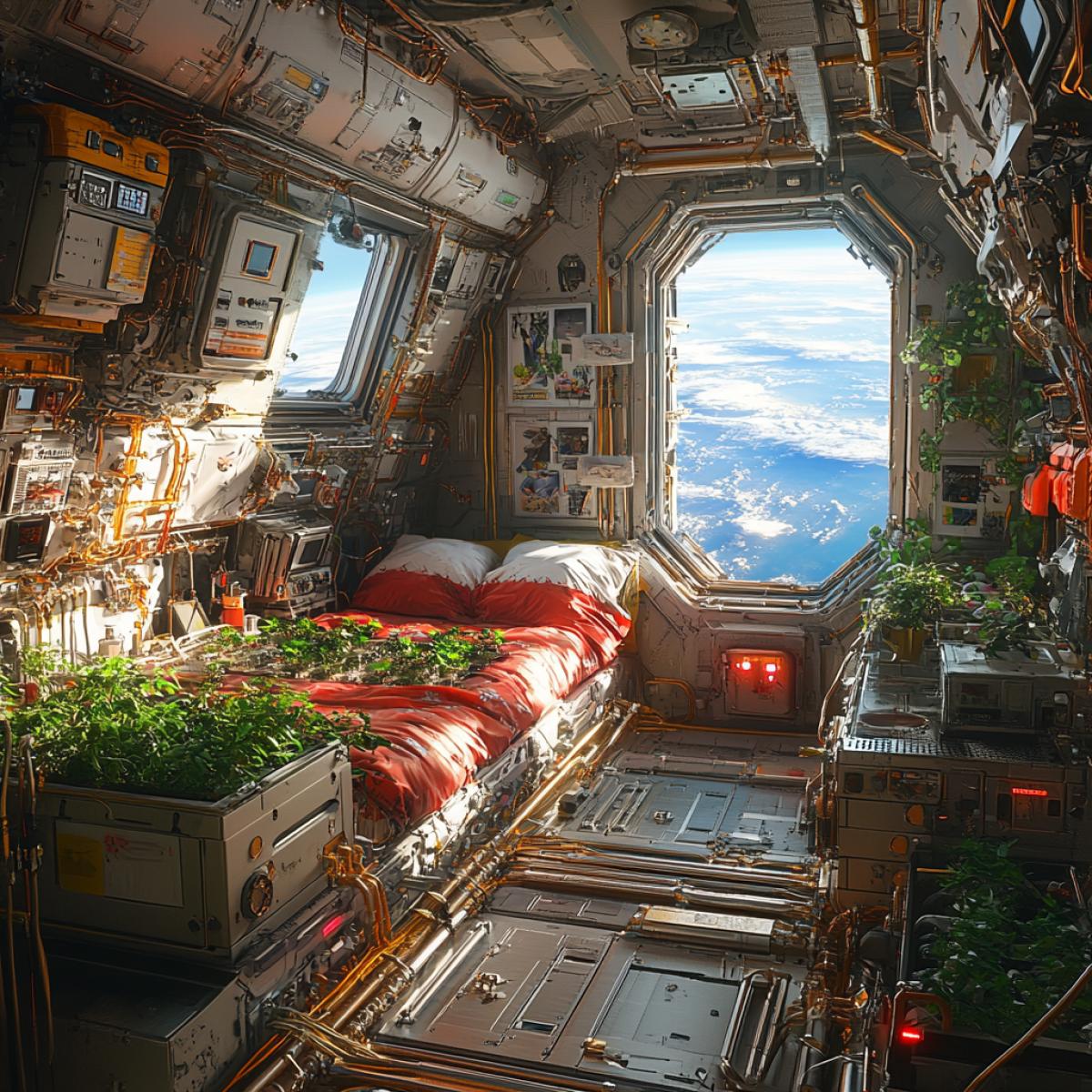 International Space Station habitat, modular design featuring interconnected living quarters, large observation windows displaying Earth below, multifunctional workstations integrating everyday amenities, botanical hydroponic garden thriving in microgravity, walls adorned with colorful murals created by astronauts, advanced life support systems humming softly, communal dining area with a rotating menu, personal storage units personalized with photographs, intricate tangle of cables and conduits creating a web of technology, ambient lighting adjusting to simulate day and night cycles, hints of diverse cultures represented in decor.