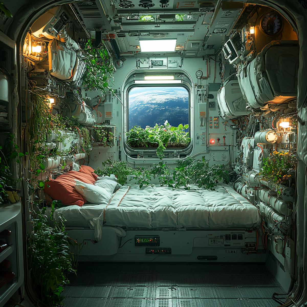 International Space Station habitat, modular design featuring interconnected living quarters, large observation windows displaying Earth below, multifunctional workstations integrating everyday amenities, botanical hydroponic garden thriving in microgravity, walls adorned with colorful murals created by astronauts, advanced life support systems humming softly, communal dining area with a rotating menu, personal storage units personalized with photographs, intricate tangle of cables and conduits creating a web of technology, ambient lighting adjusting to simulate day and night cycles, hints of diverse cultures represented in decor.