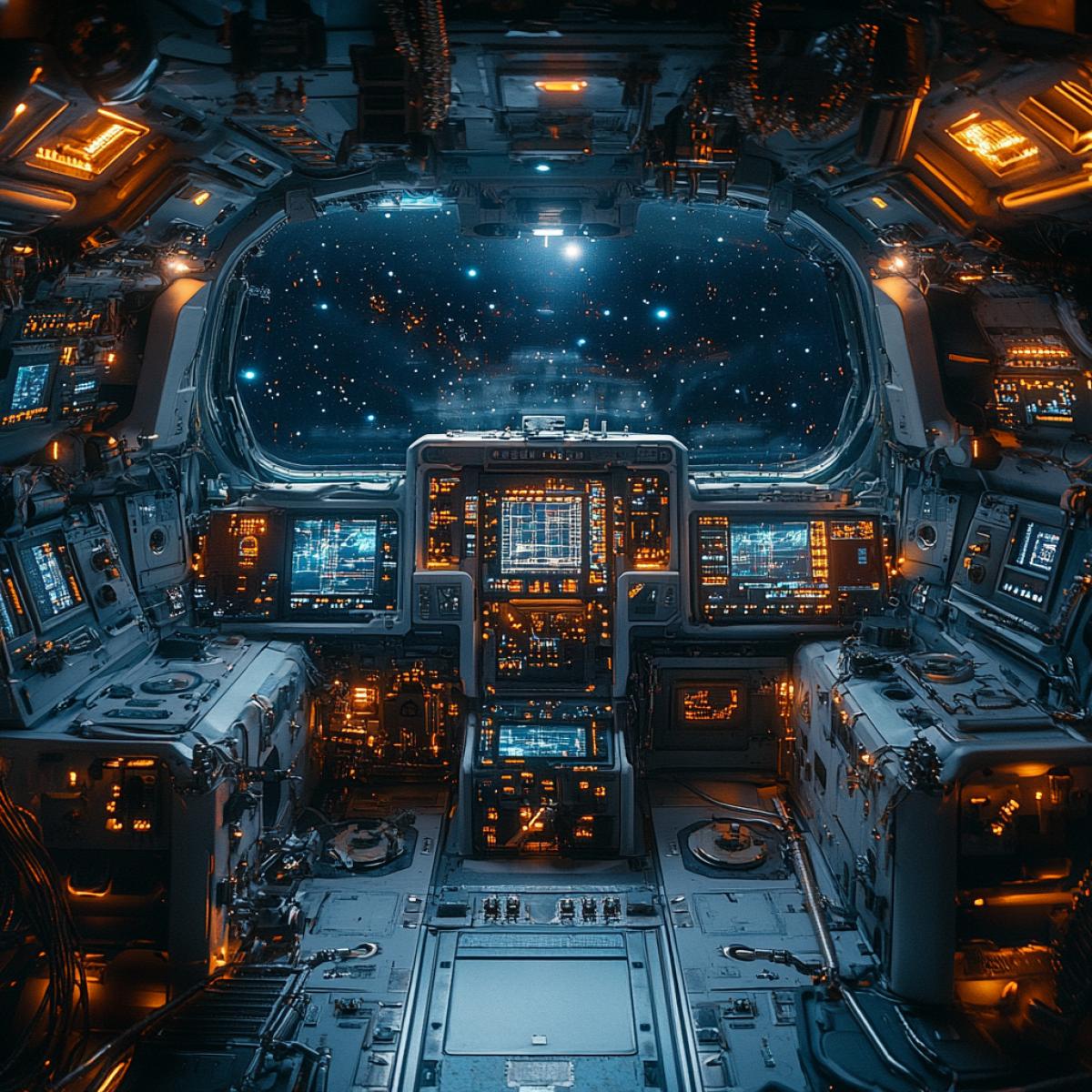 Command post inside a spacecraft patrolling outer space