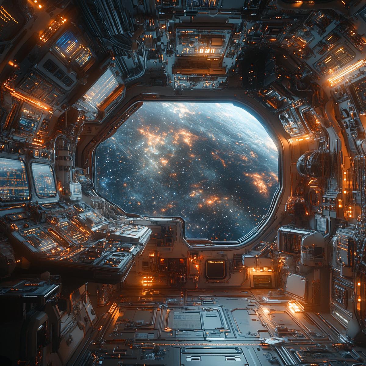 Command post inside a spacecraft patrolling outer space