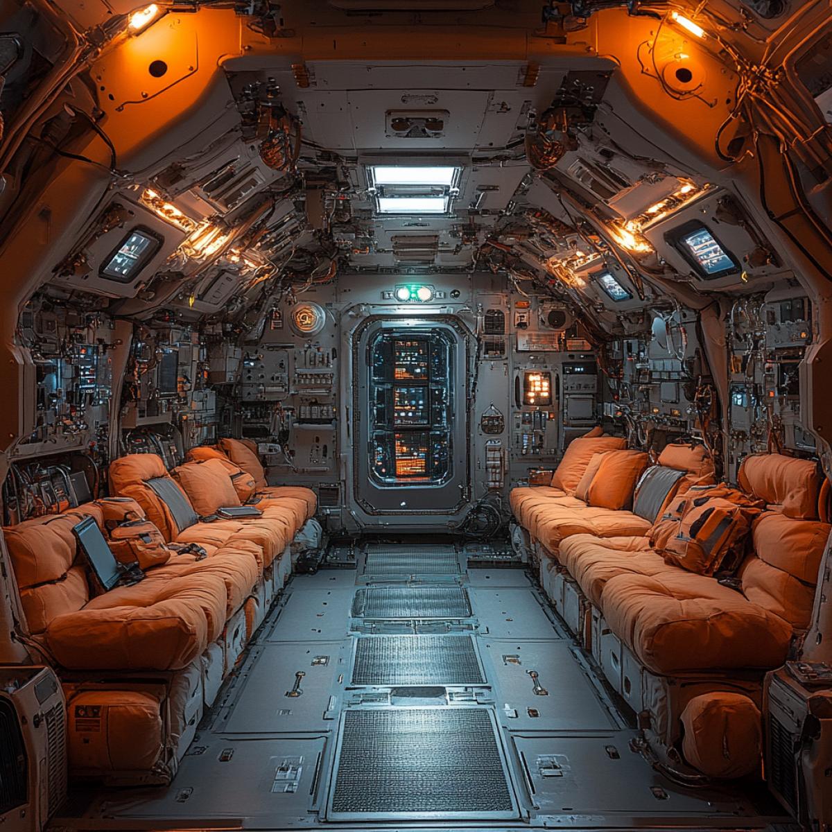 Command post inside a spacecraft patrolling outer space