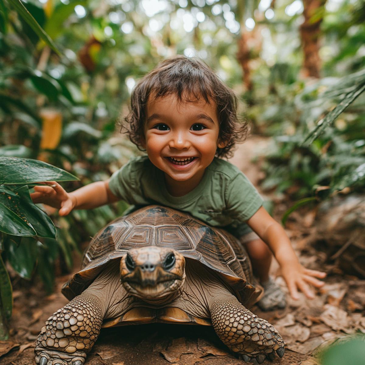 A photo of a child riding a giant tortoise. The child is wearing a green shirt and has his hands outstretched. The tortoise is moving slowly along a path. The background is lush with greenery.