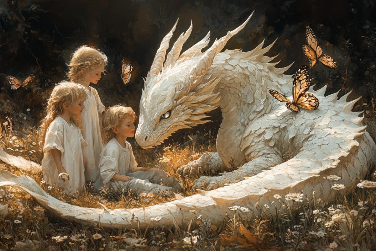 A magical illustration of a group of children in a meadow, playing with a gentle dragon that has shimmering scales and butterfly wings. The dragon is curled around them, with its tail forming a play area. Sunlight glows warmly, casting long shadows. Drawn in a storybook style, warm color palette, intricate detailing, soft brushstrokes, fantasy art, hd quality