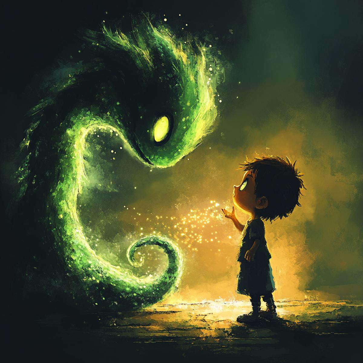 A whimsical scene where a child is playing hide and seek with a mischievous, glowing forest spirit among ancient, moss-covered trees. The spirit leaves a trail of sparkling light as it moves, and the child’s eyes are wide with excitement. Illustrated in a detailed, hand-drawn style, muted earth tones, soft lighting, mystical ambiance, hd quality