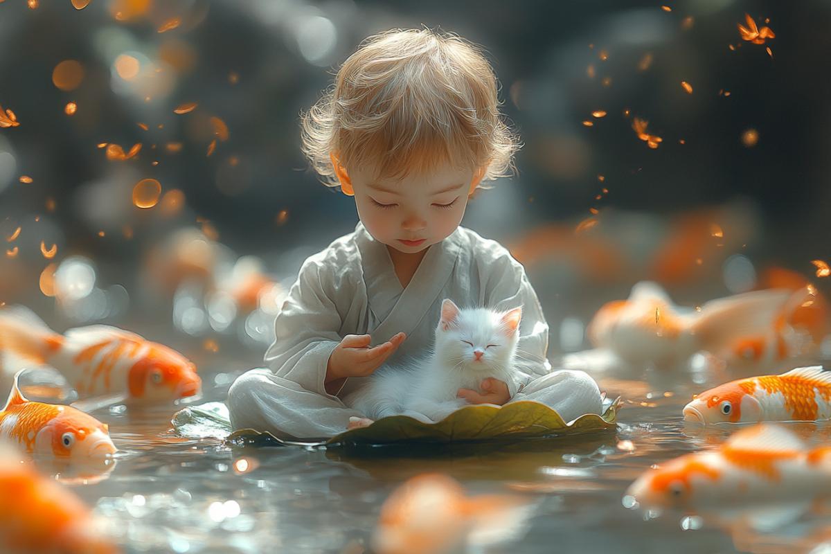 A child sits calmly on a floating lotus leaf in the middle of a tranquil reflecting pond, surrounded by ethereal koi fish shimmering with golden light. In his lap lies a kitten. The image is rendered in a delicate, minimalistic ink painting style, with soft gradients and delicate line work. Created in traditional Chinese ink painting style, minimalistic com4k, serene atmosphere, fine details, hd quality