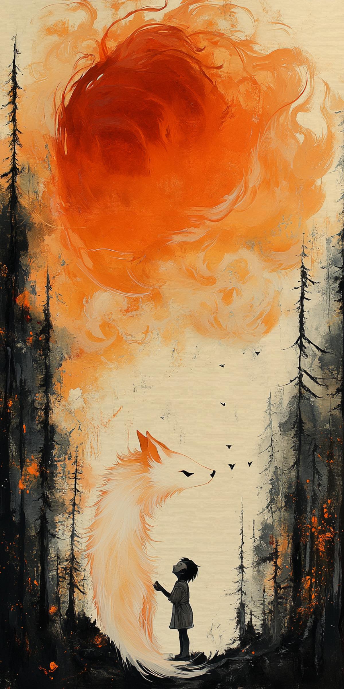 A child playing with a mythical fox spirit (kitsune) in an ancient forest. The kitsune, with its multiple tails, is depicted in a playful 4k as the child laughs. The forest is rendered with intricate details, and the characters are highlighted with delicate ink shading. Created in a sumi-e style, detailed brushwork, mystical atmosphere, traditional Japanese folklore elements, hd quality