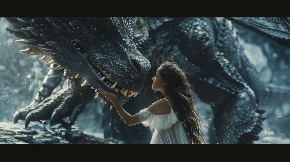 A girl in a white dress plays with a big dark dragon, a still from a fantasy film