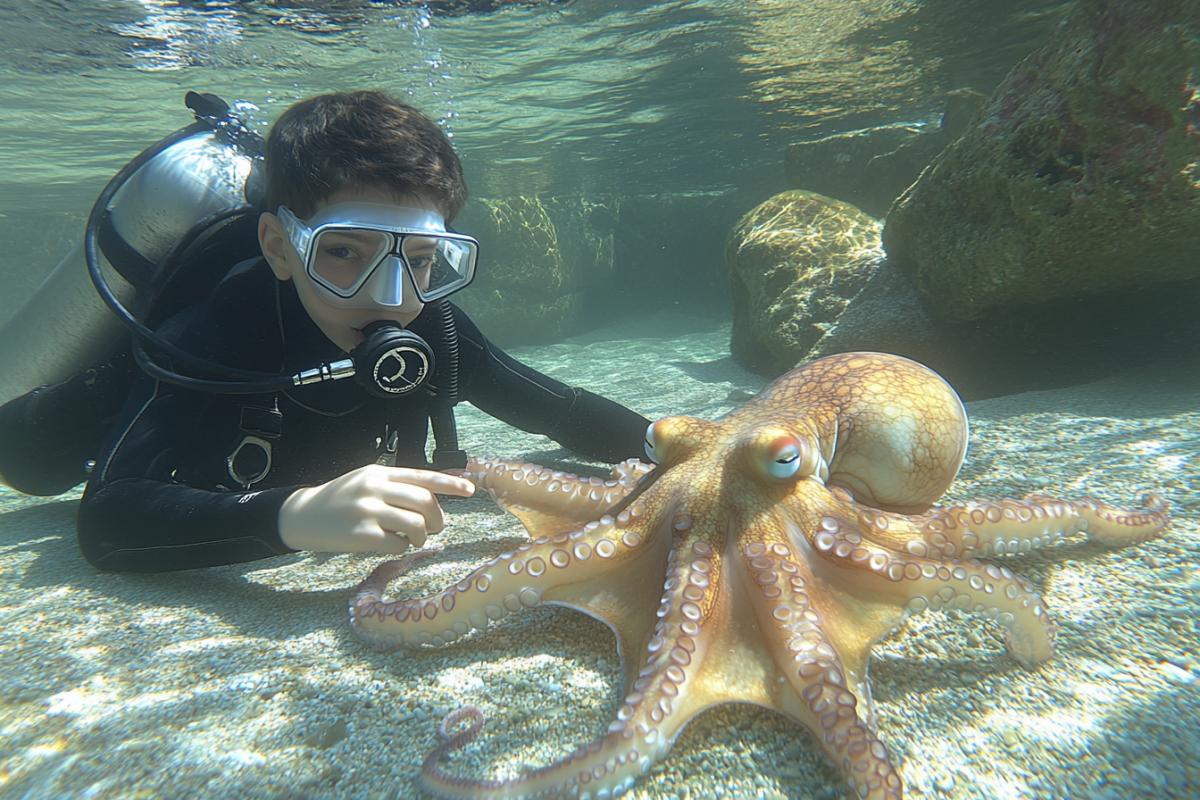 A child in a scuba suit plays with a bright large octopus on the seabed, the marine fauna is rich, the beauty of the seabed
