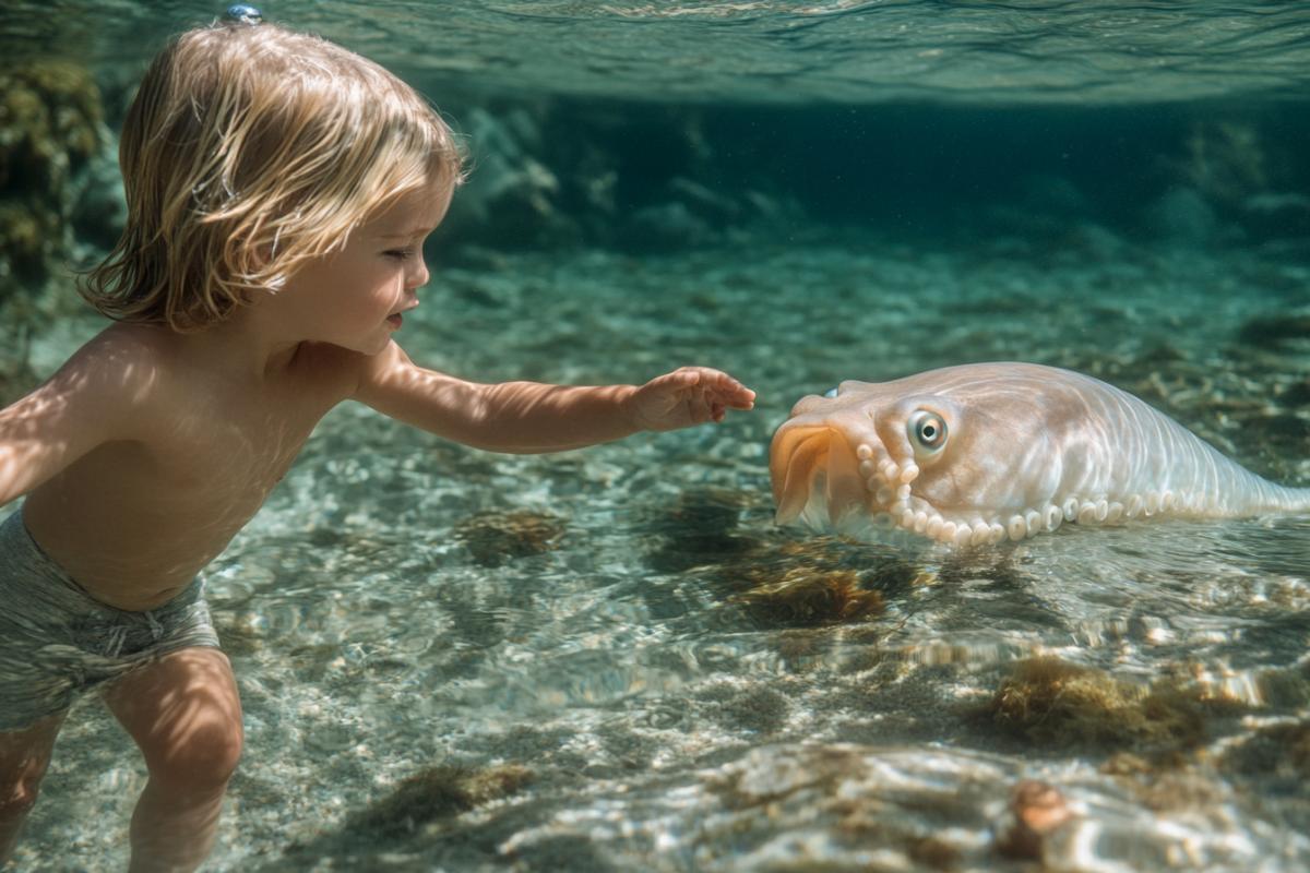 A child in a scuba suit plays with a bright large octopus on the seabed, the marine fauna is rich, the beauty of the seabed
