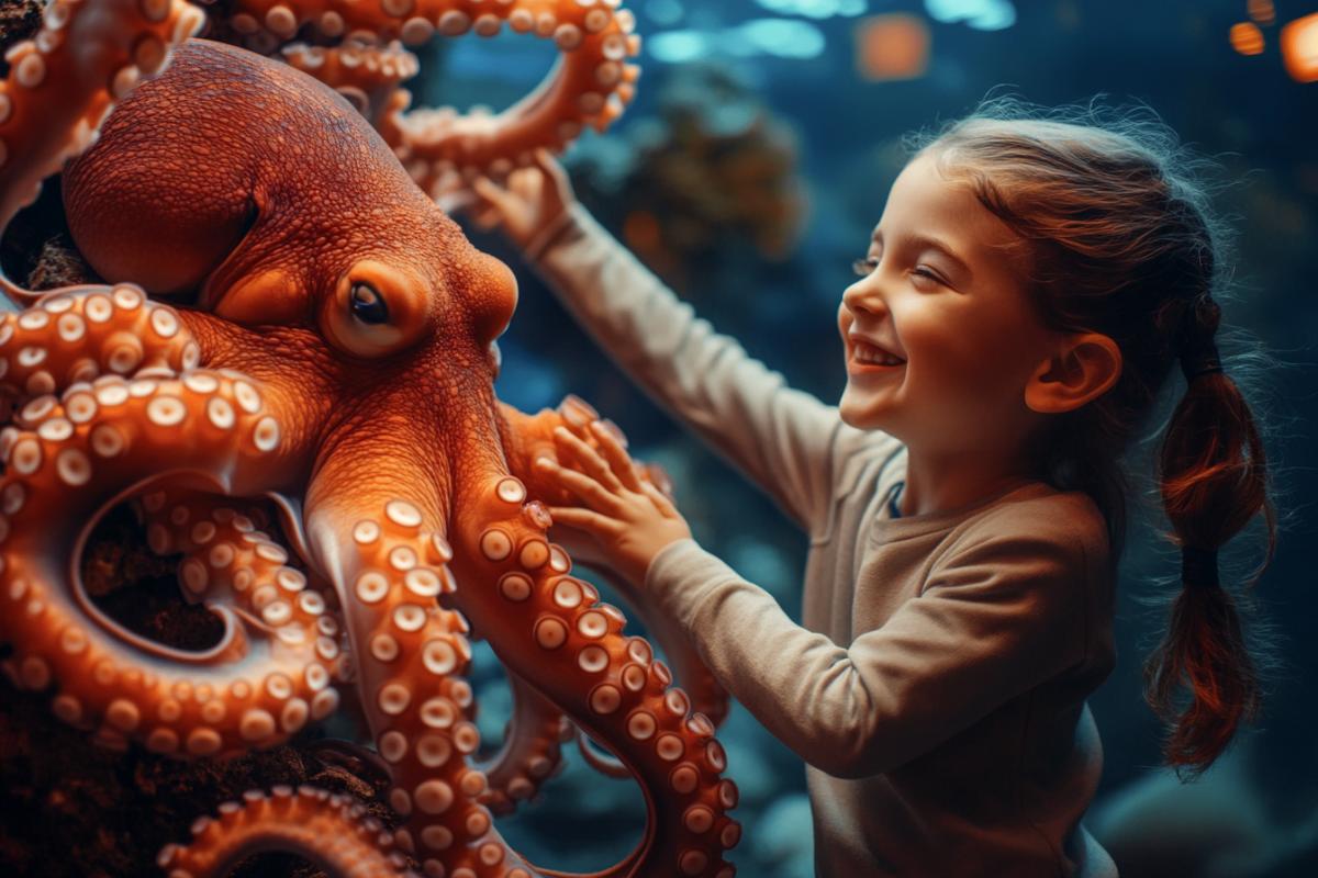 A child in a scuba suit plays with a bright large octopus on the seabed, the marine fauna is rich, the beauty of the seabed