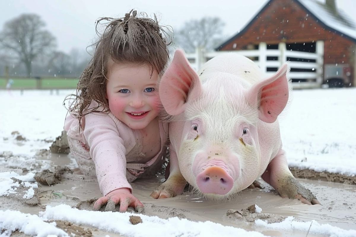 Fun on the farm, pigs and children playing in the mud, everyone is dirty and happy