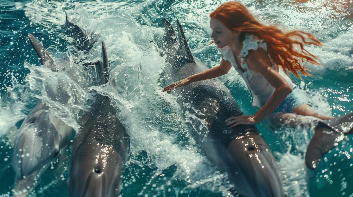 A red-haired teenager in shorts and a white tunic with a fluttering hood rides on dolphins in the azure sea, water splashes in the sun, 4kd shot