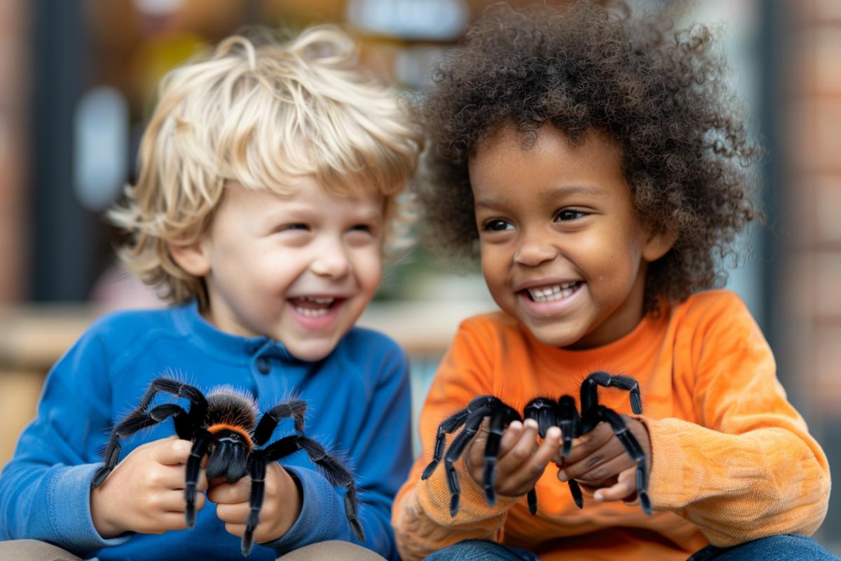 Children playing with tarantulas, happiness and fun