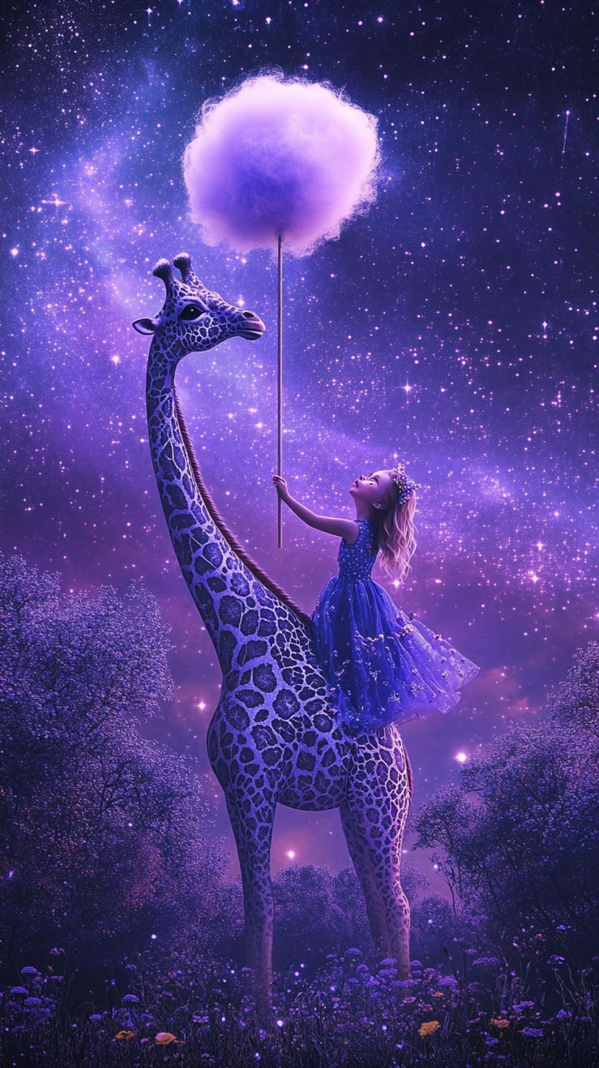 galaxies, spirals, space, nebulae, stars, smoke, rainbow, intricate detailing, in the form of a beautiful giraffe, on the giraffe is a small charming big-eyed girl in a blue lace dress, holding a big cotton candy of different colors on a stick, octane render, 8k, national geographicgalaxies, spirals, space, nebulae, stars, smoke, rainbow, intricate detailing, in the form of a beautiful giraffe, on the giraffe is a small charming big-eyed girl in a blue lace dress, holding a big cotton candy of different colors on a stick, octane render, 8k, national geographic
