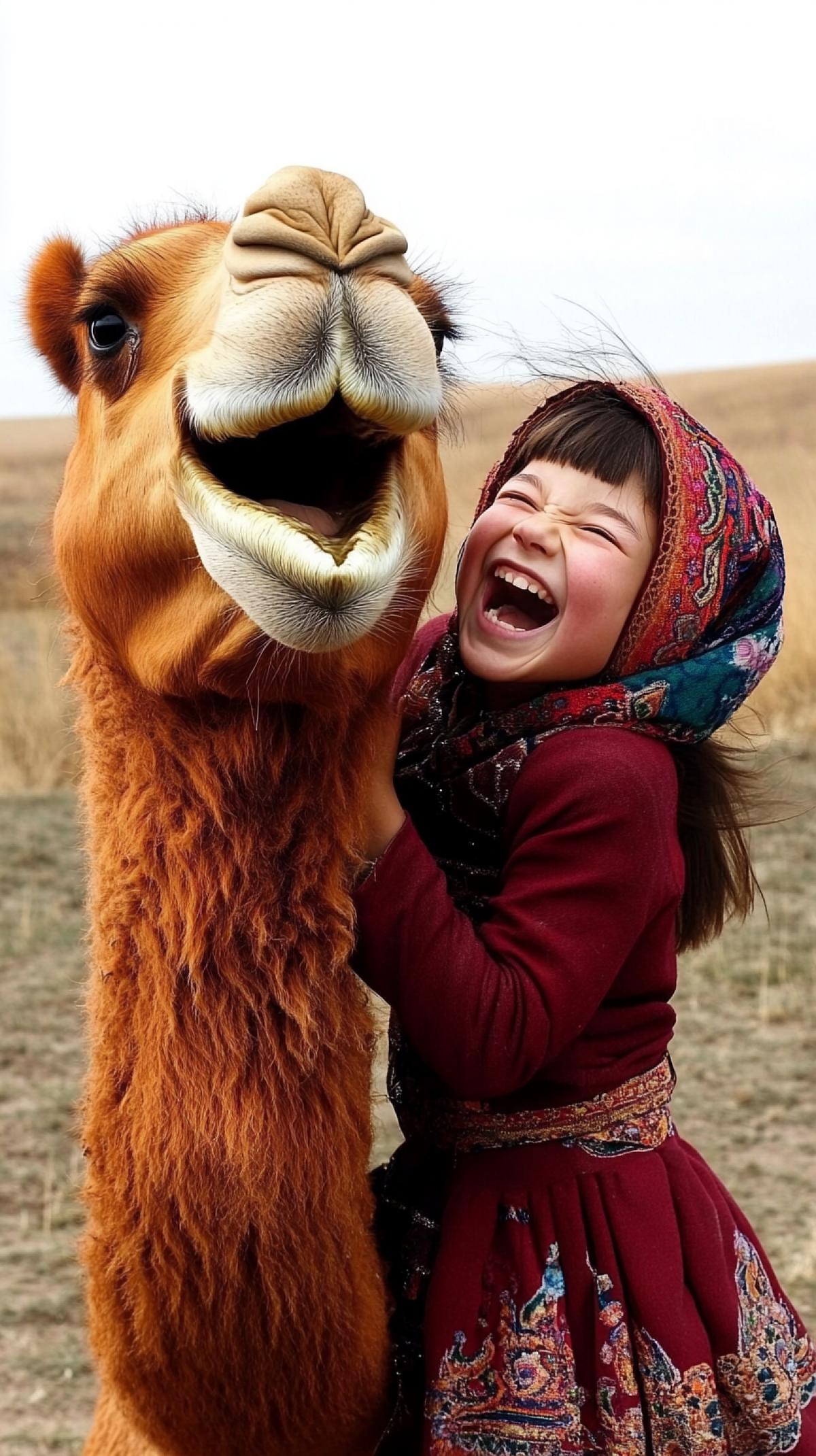A Buryat girl in a headscarf laughs and hugs a red fluffy laughing camel against the backdrop of the steppe