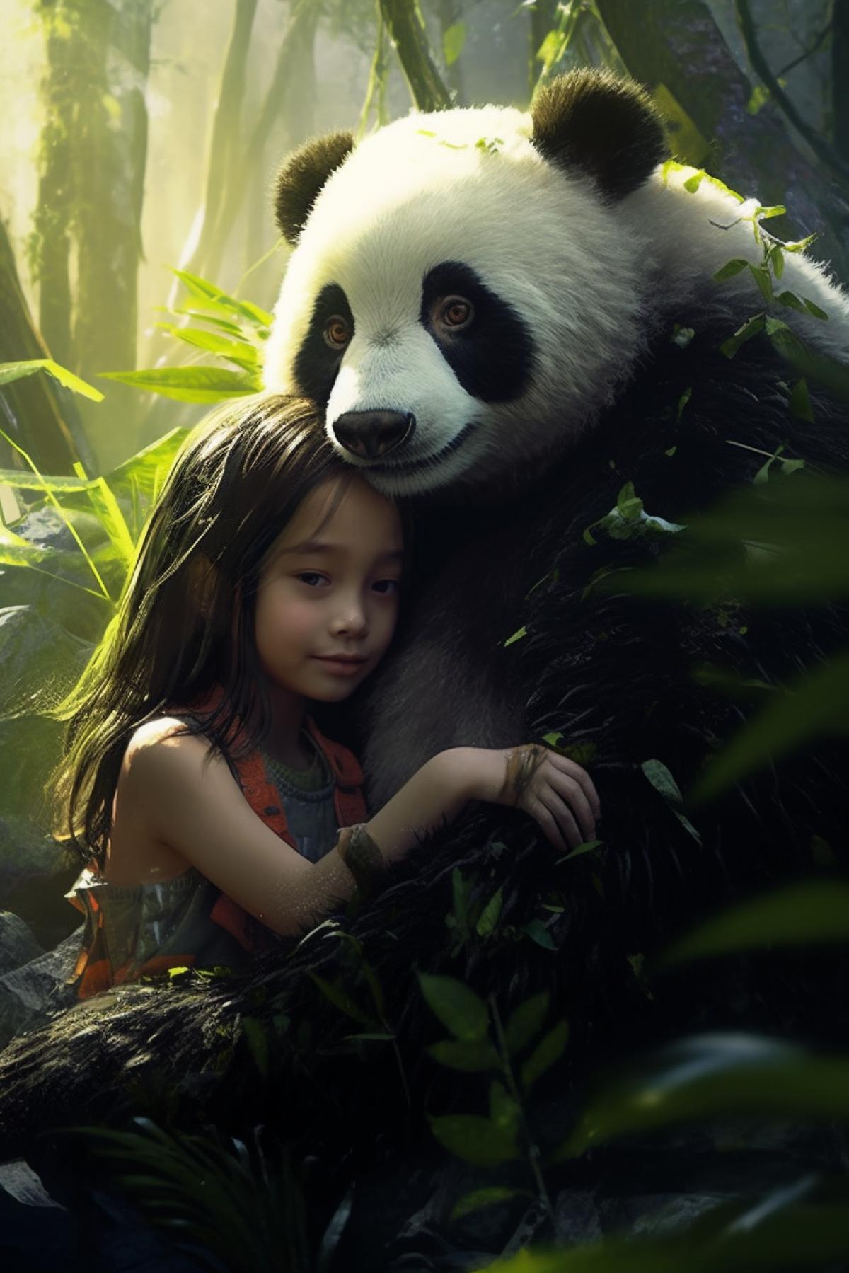 In the jungle, a girl hugs a panda. realistic picture