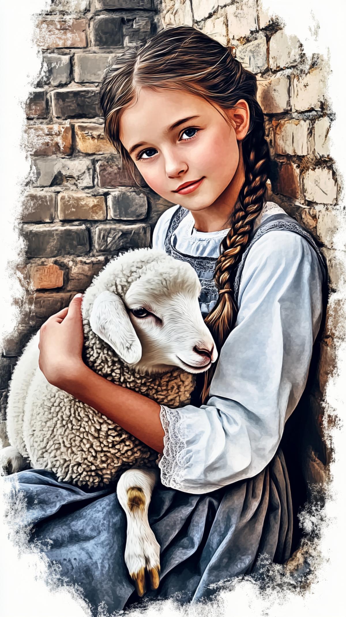 rustic style, Russian girl with a lamb, gentle calm loving 4k, sitting against a brick wall, watercolor effect, airbrush painting, connecting life, complicity, with loving eyes, dressed in rustic clothes, contentment