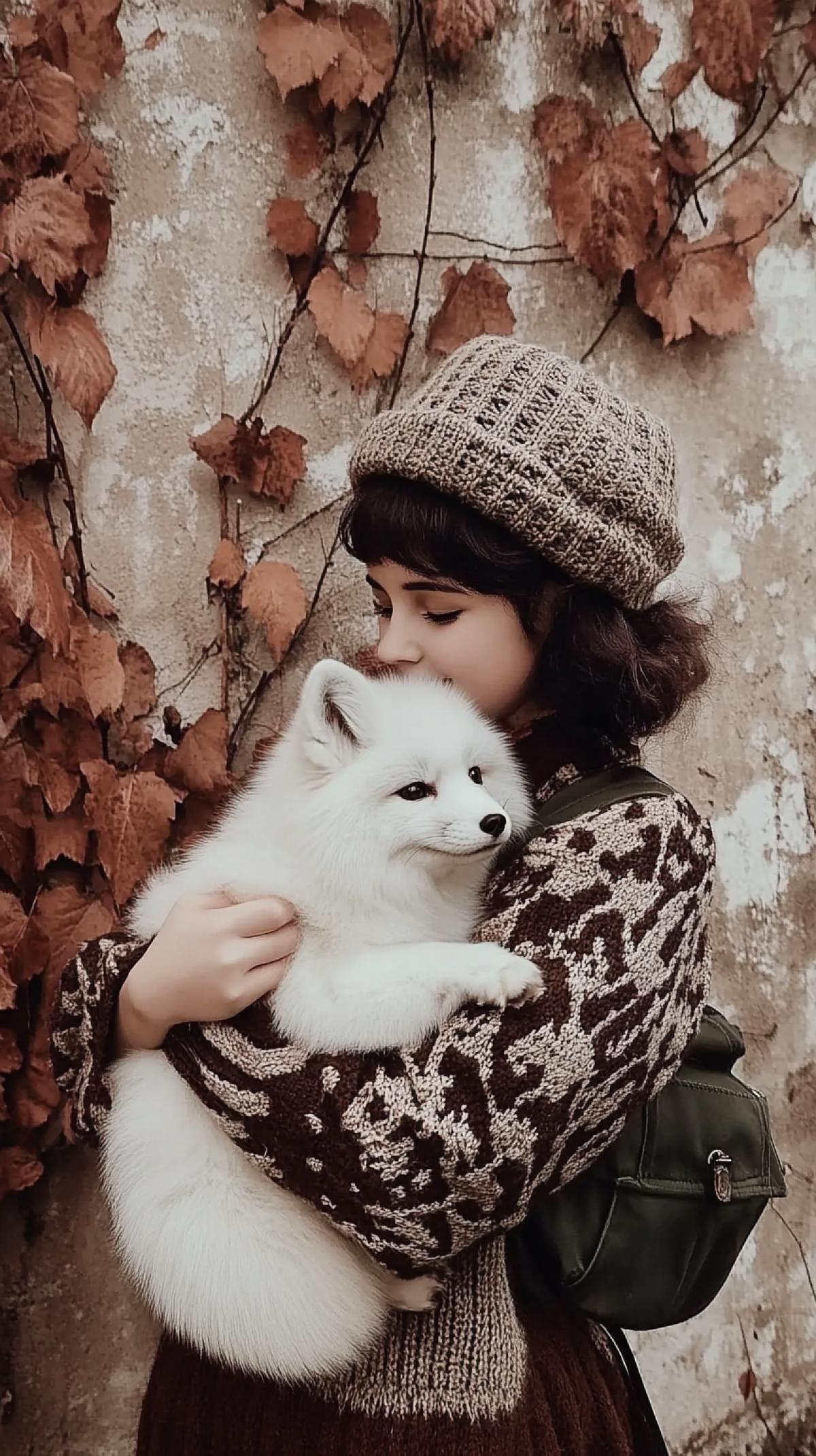 a girl in a knitted hat, a jacquard sweater hugs, holding in her arms a white fluffy fox, against the background of a wall in autumn with crimson leaves