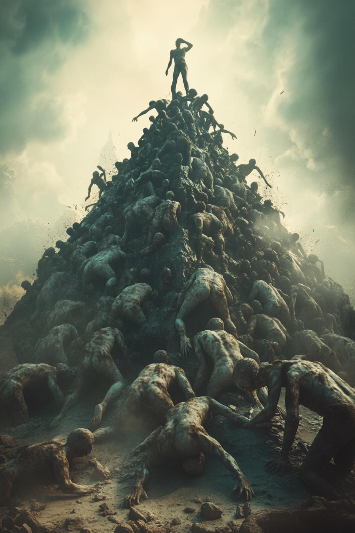 A pyramid of living human bodies crawling to the top, with a gloomy post-apocalyptic background behind