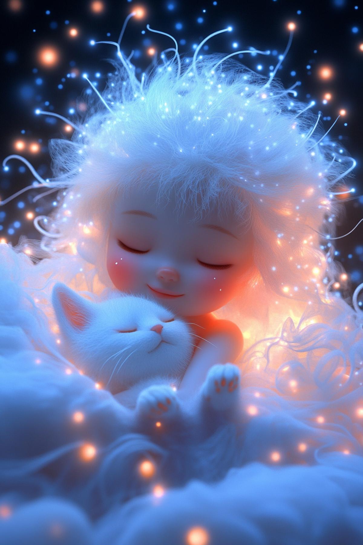 Dream style good night filigree white botanical romantic style magical ethereal child in bed hugging fluffy kitten sleeping dreamer moonlight smiling fluffy cute illustration acrylic style qhd texture camilla derrico