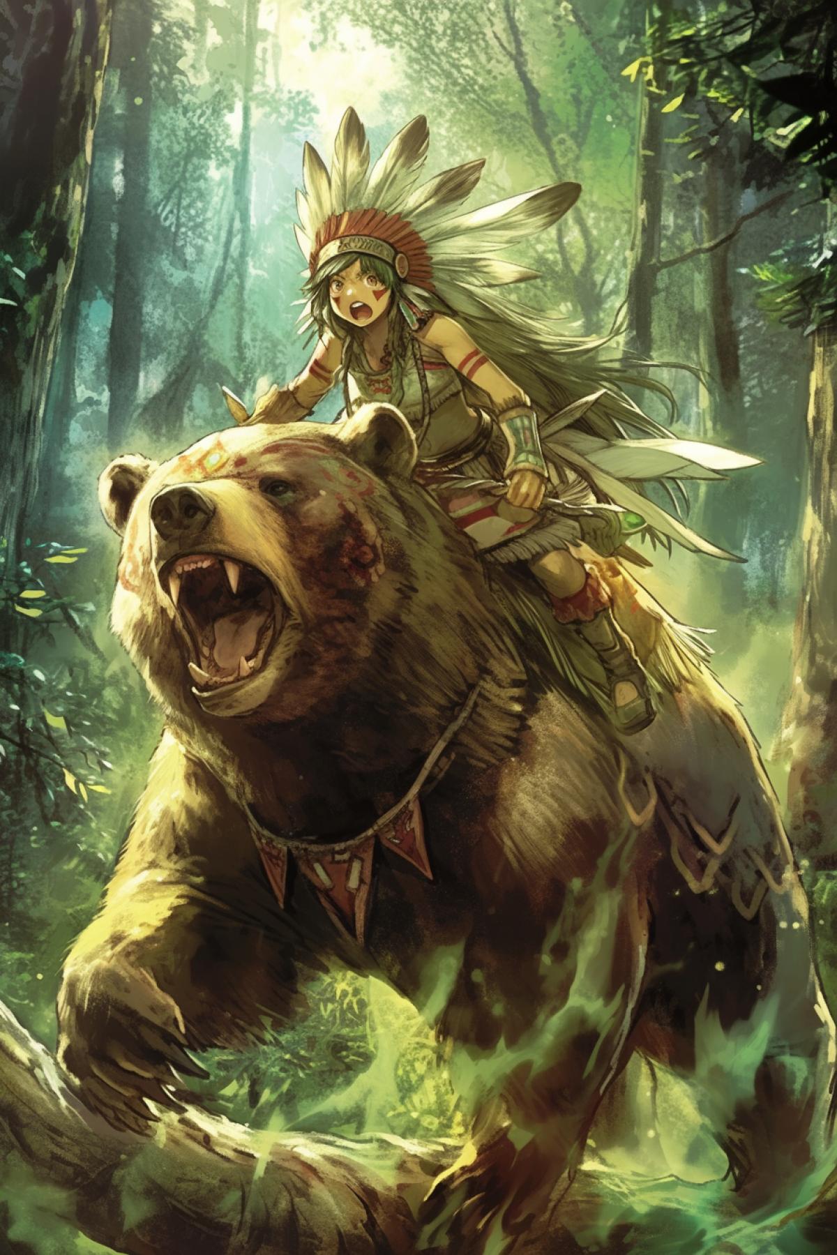 Native American child Riding a bear, bear depicted as a forest spirit in the form of a bear, bear in light greenish flame, forest spirit, fantasy style, summer, forest thicket, Kazuo Oga Ghibli Background ArtColor Style. Neutral Emotions, Only Background, Light Colors, Little Saturation, detailed costumes, pendleton ward,realistic depiction of light, light red and dark, solarizing master, cut/ripped, energetic frenzy