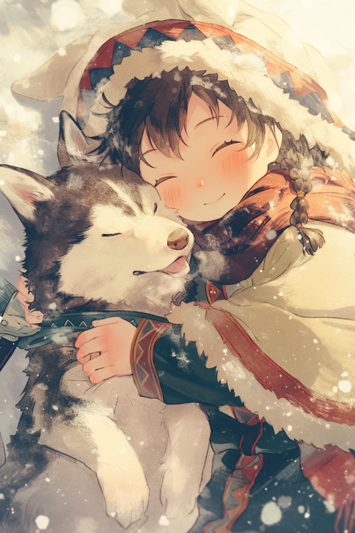 Cute image of a child in winter clothes cuddling a husky puppy, winter, snowfall, Kazuo Oga Ghibli Background ArtColor Style. Neutral Emotions, Only Background, Light Colors, Little Saturation, detailed costumes, pendleton ward,realistic depiction of light, light red and dark, solarizing master, cut/ripped, energetic frenzy