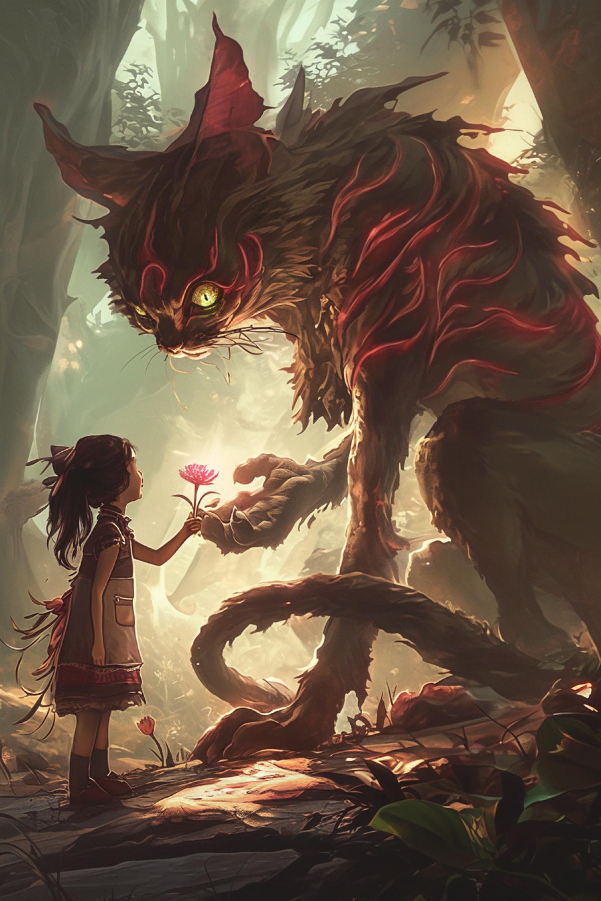 little girl hands flower to strange magical creature similar to cat, creature has form in form of forest spirit, cat forest spirit, fantasy style, fairy creature, side view, summer forest, Kazuo Oga Ghibli Background ArtColor Style. Neutral Emotions, Only Background, Light Colors, Little Saturation, detailed costumes, pendleton ward,realistic depiction of light, light red and dark, solarizing master, cut/ripped, energetic frenzy