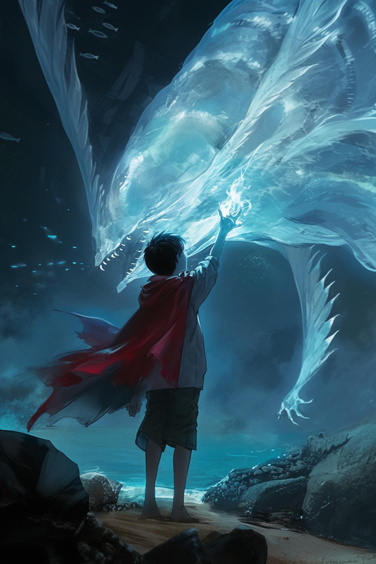 little boy touching giant sea creature, boy standing on cape, creature looks like giant sea spirits, strange beautiful sea creature in the blue night flame, fantasy style, boy back view, DMD style, summer beach, Kazuo Oga Ghibli Background ArtColor Style. Neutral Emotions, Only Background, Light Colors, Little Saturation, detailed costumes, pendleton ward,realistic depiction of light, light red and dark, solarizing master, cut/ripped, energetic frenzy