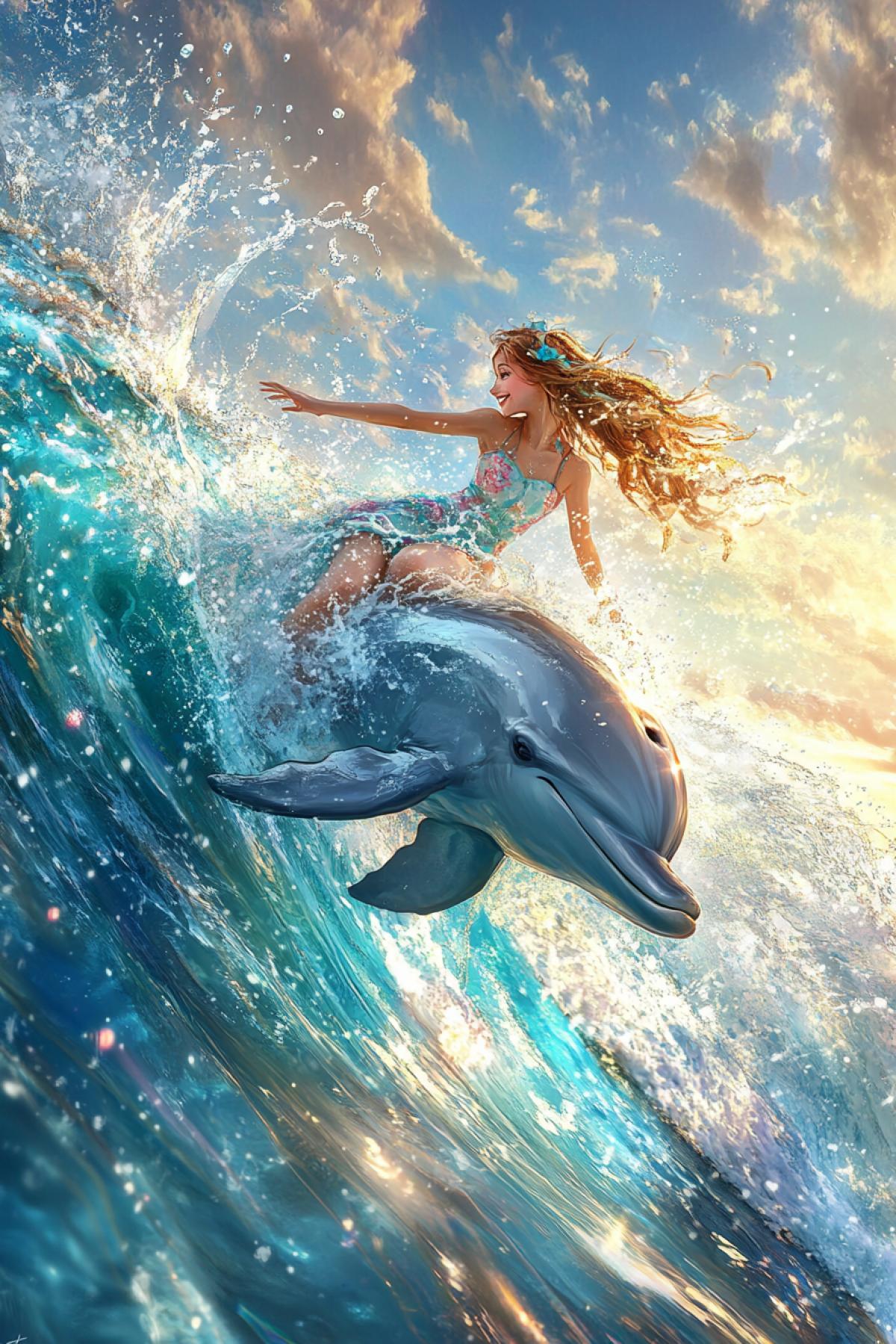 sea, transparent wave, cheerful girl riding a dolphin, splashes of water, sun rays, hyper-detailed, high quality, beautiful face
