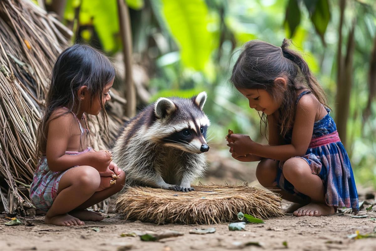 Children playing lapta with a raccoon