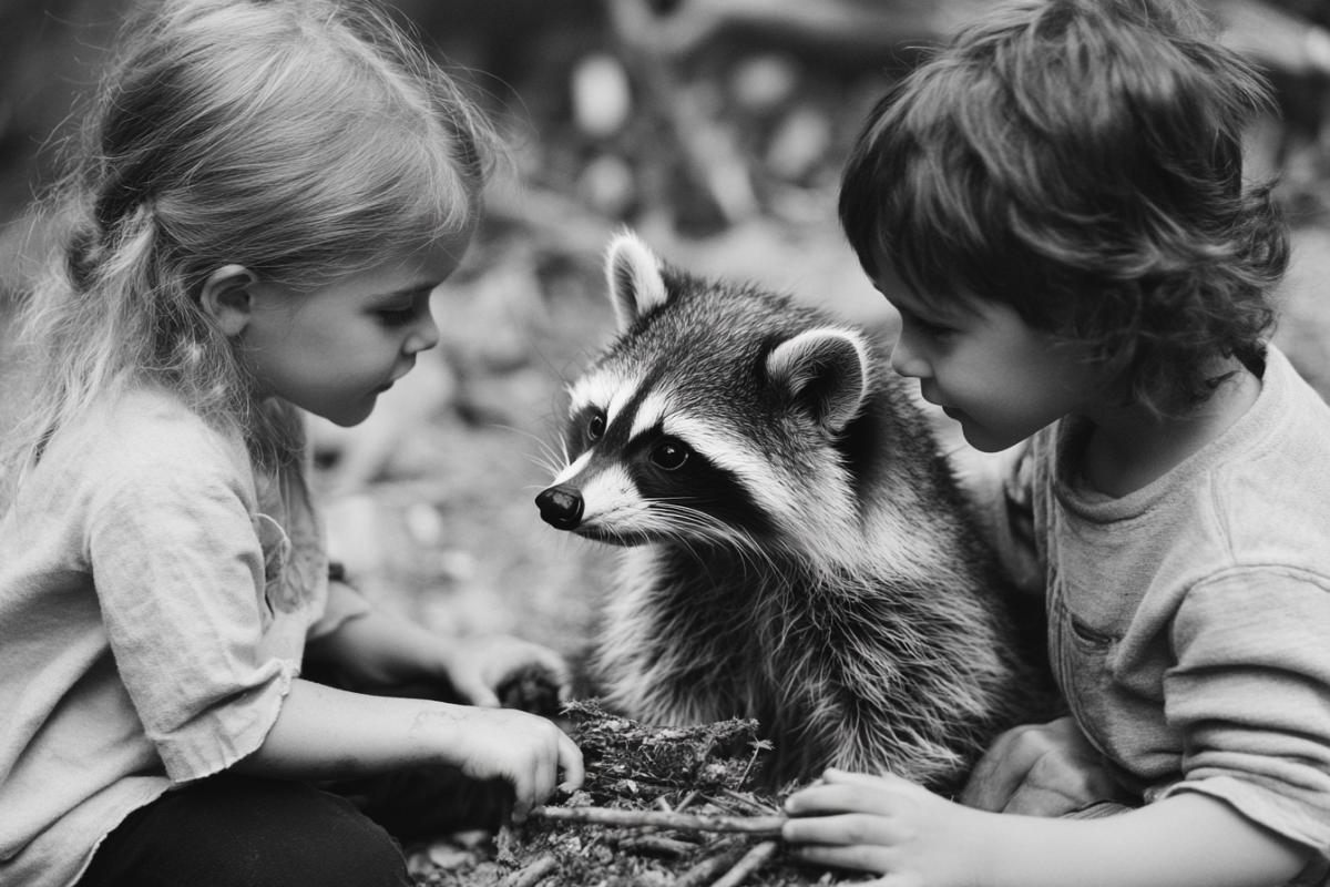 Children playing lapta with a raccoon