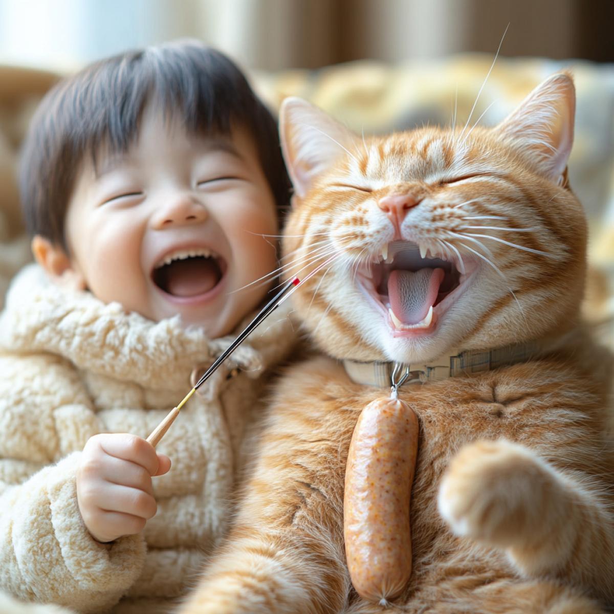 A little boy rides astride a large domestic red cat, laughs, holds a fishing rod in his hand with a sausage tied to it, teases the cat with it
