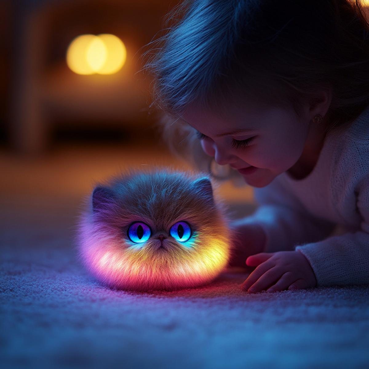 A little girl smiles and plays with a fantastic pet that looks like a fluffy spherical cat without a tail or paws, but with big rainbow eyes and rainbow shaggy fur.