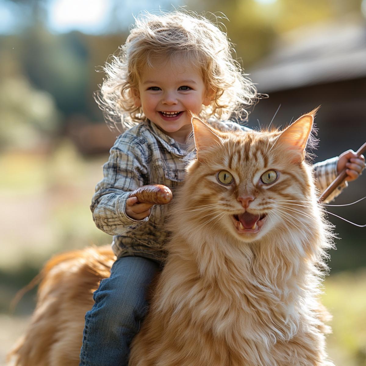 A little boy rides astride a large domestic red cat, laughs, holds a fishing rod in his hand with a sausage tied to it, teases the cat with it