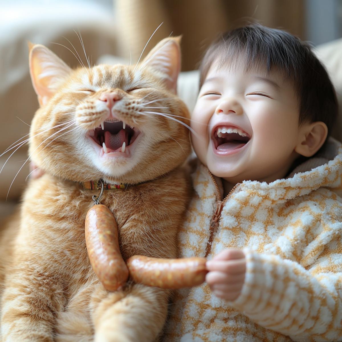 A little boy rides astride a large domestic red cat, laughs, holds a fishing rod in his hand with a sausage tied to it, teases the cat with it