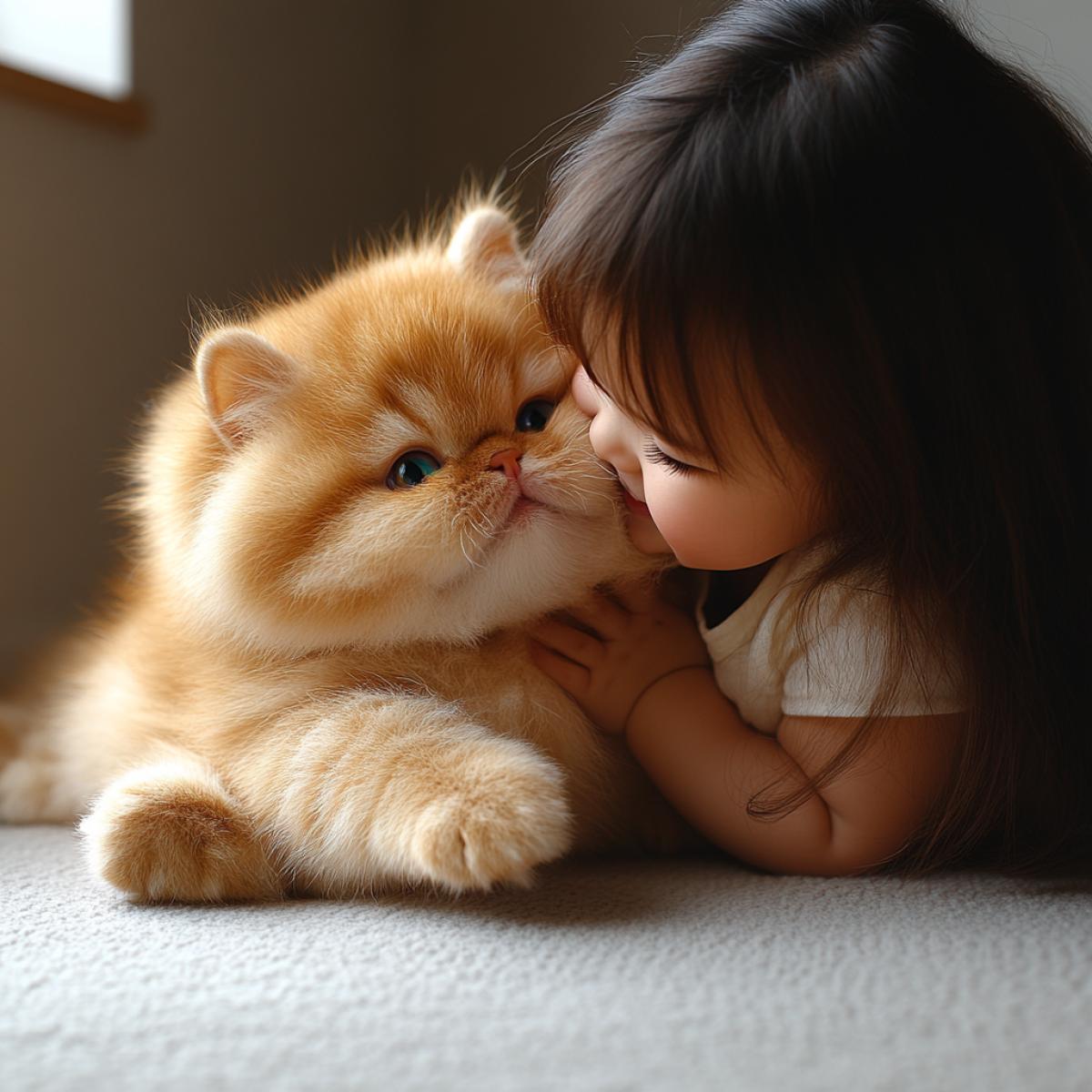 A little girl smiles and plays with a fantastic pet that looks like a fluffy spherical cat without a tail or paws, but with big rainbow eyes and rainbow shaggy fur.
