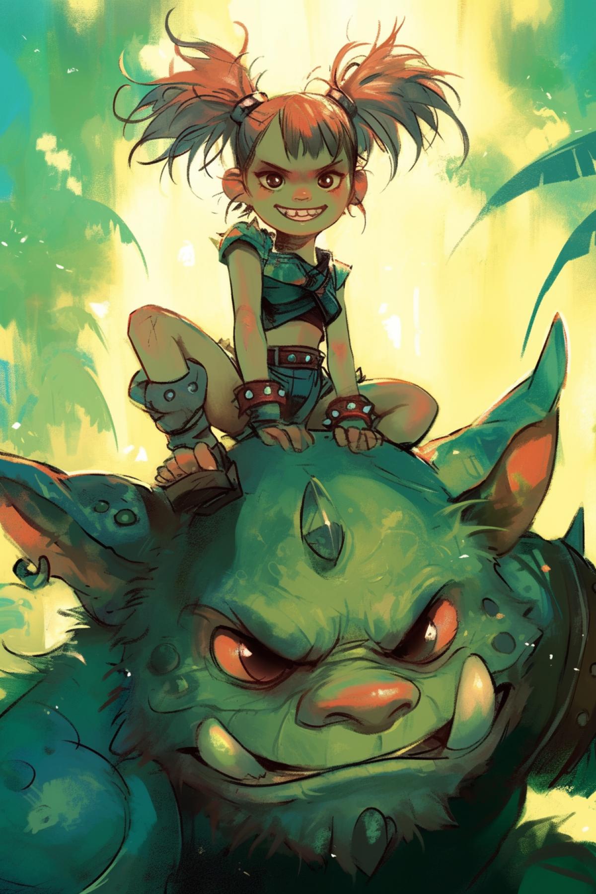 A little mischievous girl with a malicious smile and two pigtails rides on a green monster, illustration