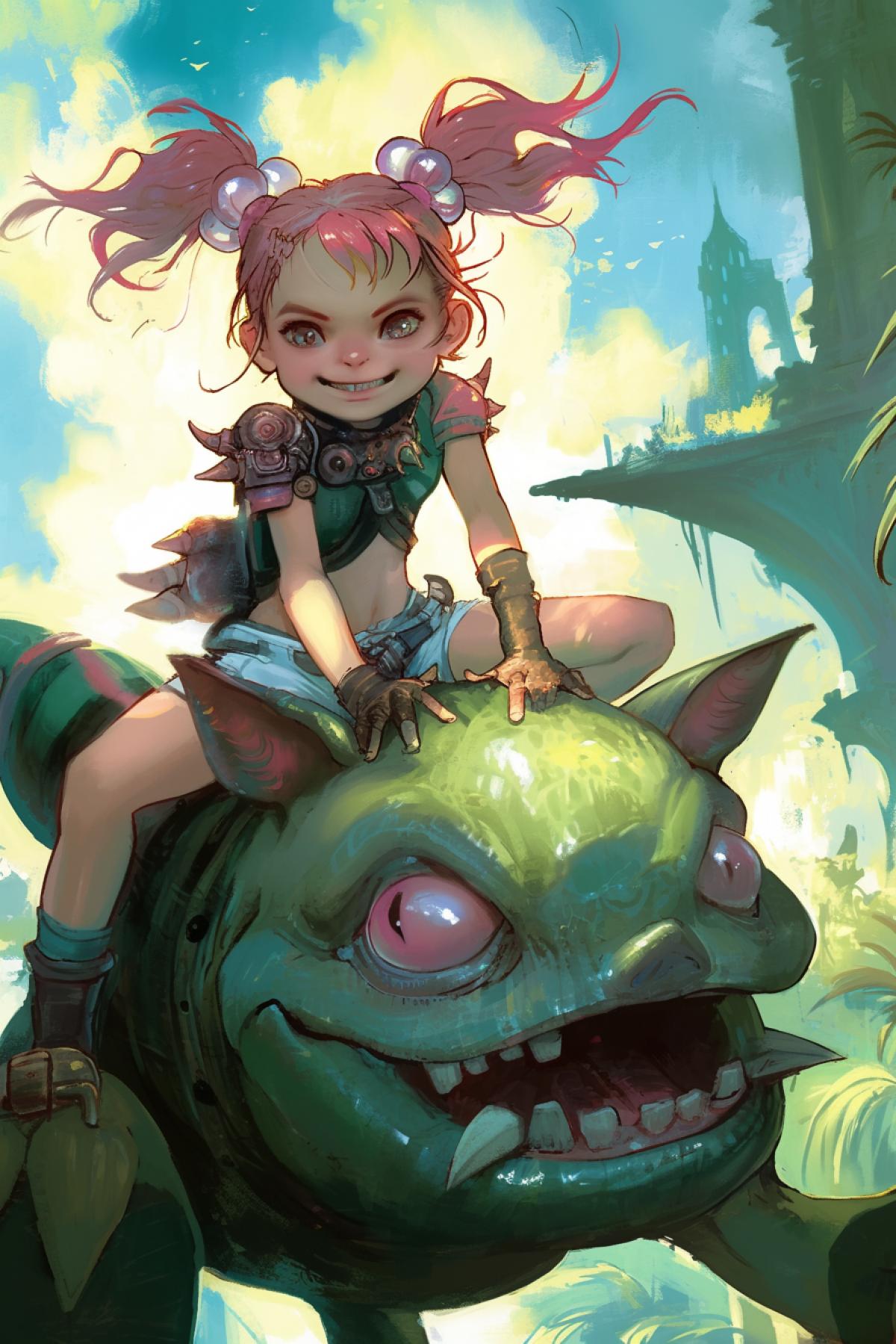 A little mischievous girl with a malicious smile and two pigtails rides on a green monster, illustration