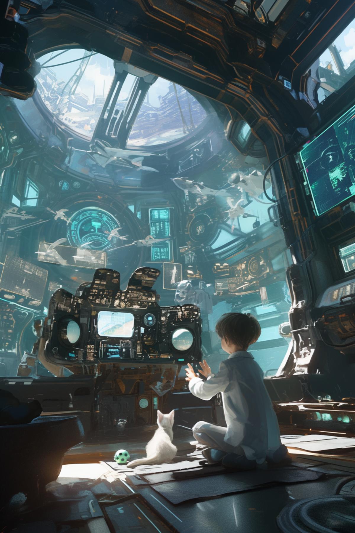 a little boy plays with a kitten with a ball in the control room of a spaceship, futurism, 2202, luminous elements of the interior and costumes of the boy and the cat