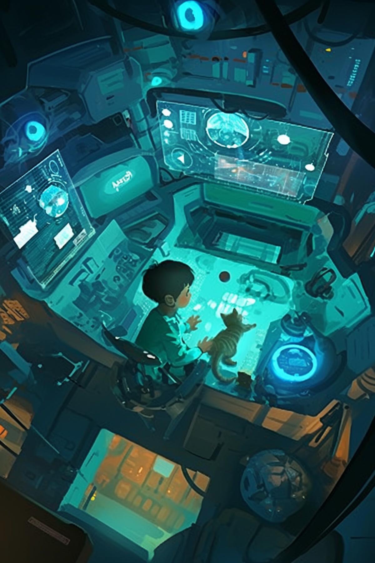 a little boy plays with a kitten with a ball in the control room of a spaceship, futurism, 2202, luminous elements of the interior and costumes of the boy and the cat