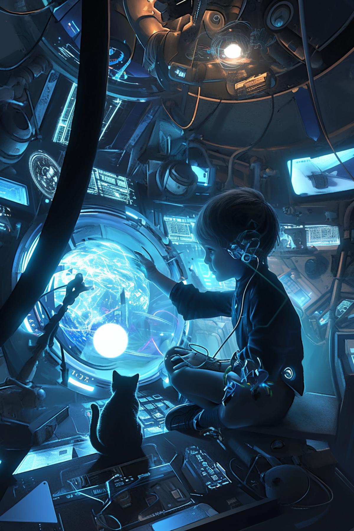 a little boy plays with a kitten with a ball in the control room of a spaceship, futurism, 2202, luminous elements of the interior and costumes of the boy and the cat