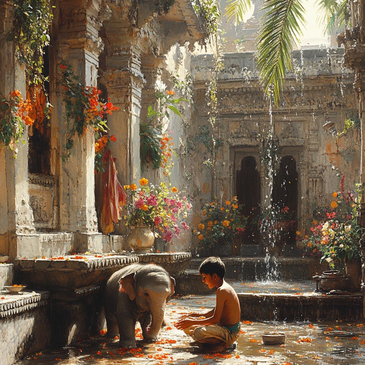 A poor courtyard of an Indian impoverished dwelling, sparse utensils scattered across cracked earth, bright sun illuminating the center of the yard, an Indian boy joyfully playing with a baby elephant, vibrant colors of worn textiles hanging on lines, weathered adobe walls adorned with intricate patterns, the scent of dusty earth mixing with blooming marigolds, palm fronds casting dappled shadows, textures of the boys ragged clothing contrasted against the smooth skin of the elephant, playful interaction captured in hyper-detail, vivid expressions of wonder and innocence amidst stark surroundings.